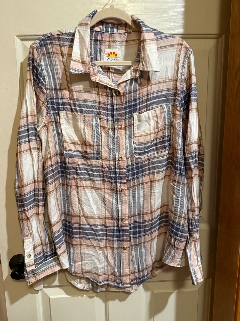 C&C California Women's Plaid Button-Down Shirt in Beige, Navy and Pink